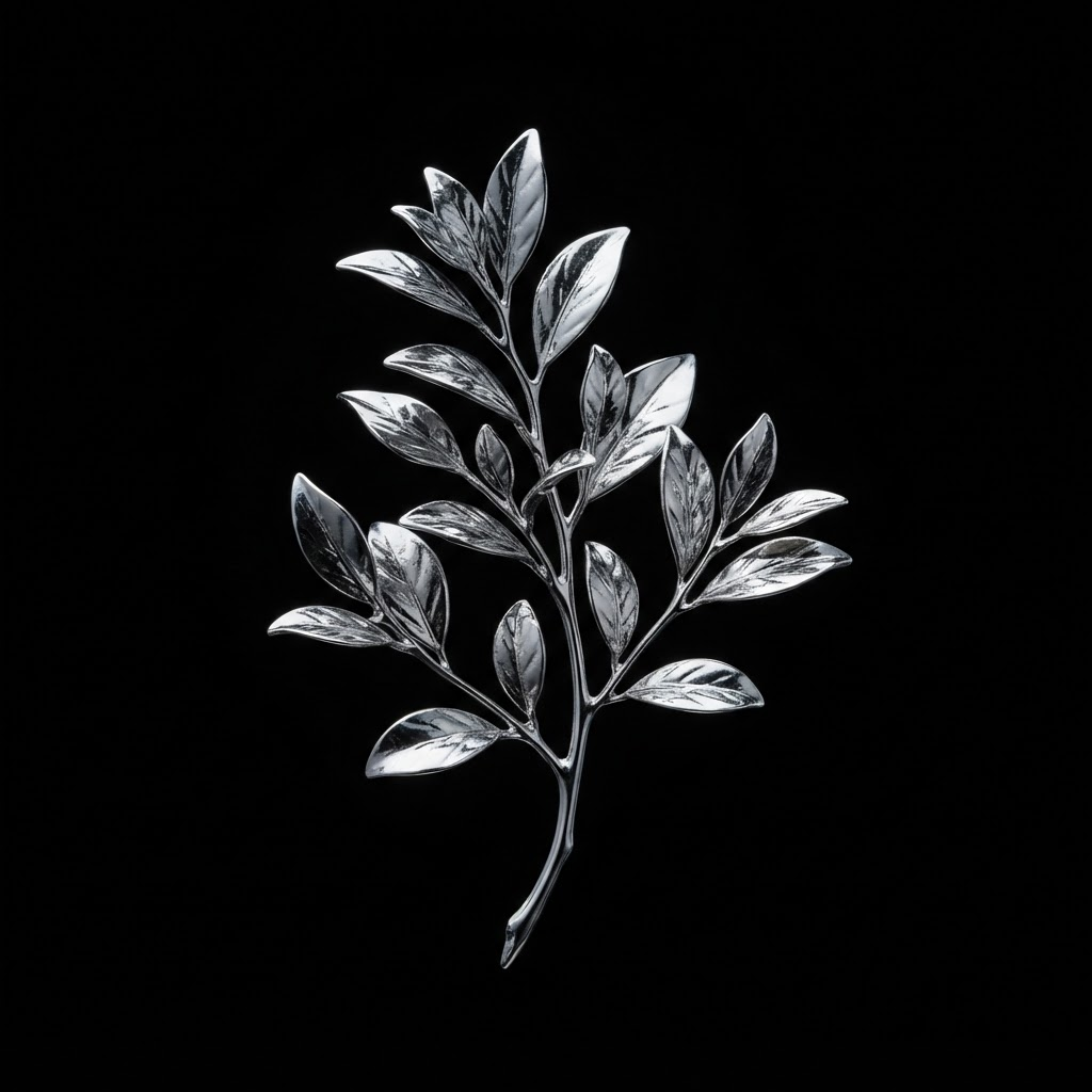 A sprig of leaves cast in polished silver